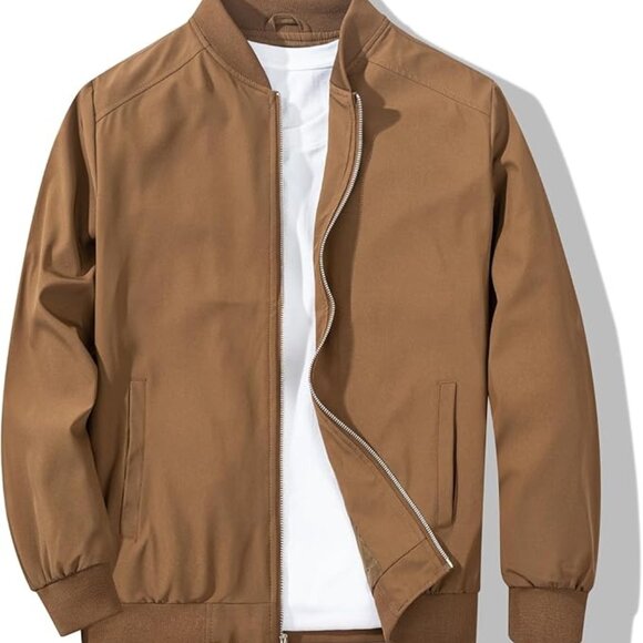 Men's Coffee Stylish Lightweight Windbreaker Spring Fall Casual Bomber Jacket